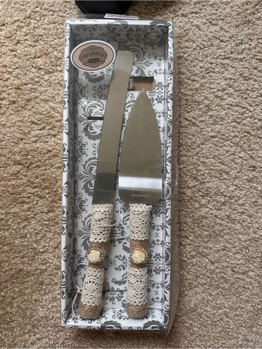 Rustic Cream Lace Cake Server and Knife Set